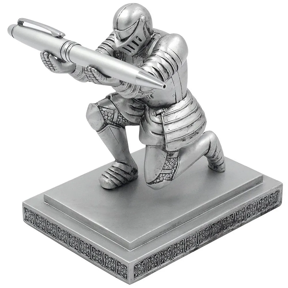 Executive Knight Pen Holder Stand Resin Figure Crusade Silver