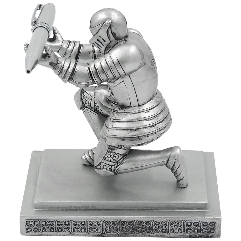 Executive Knight Pen Holder Stand Resin Figure Crusade Silver