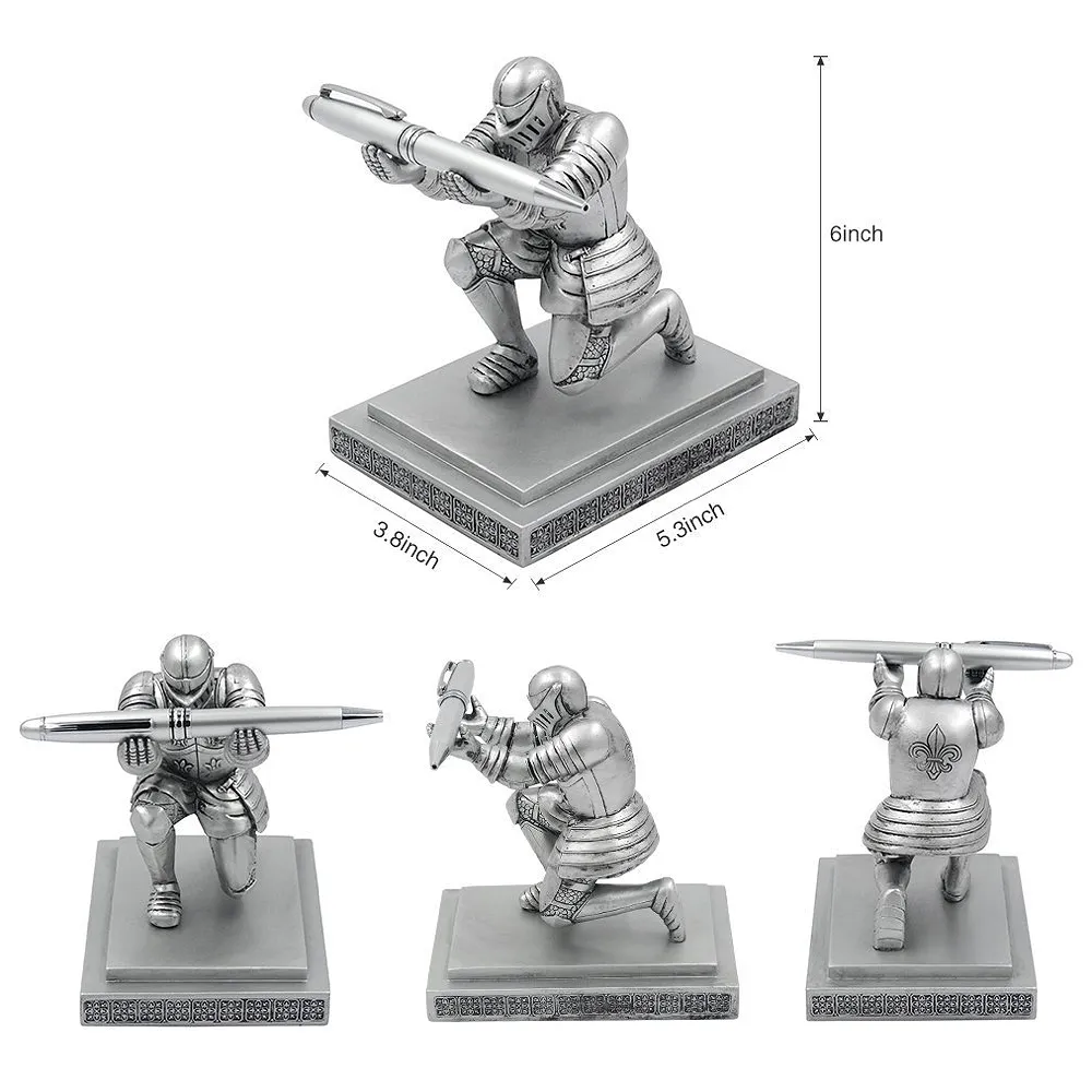 Executive Knight Pen Holder Stand Resin Figure Crusade Silver