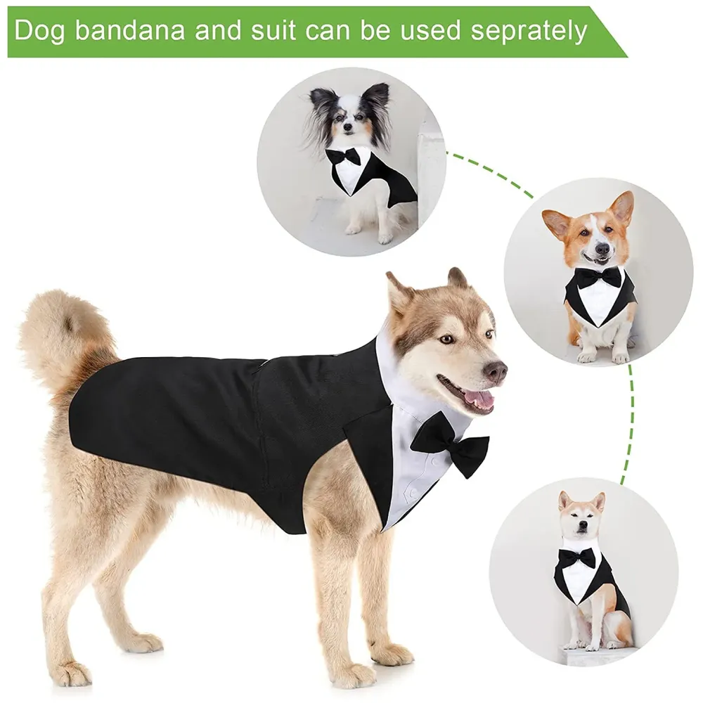 Dog Suit or Dog Tuxedo & Bandana Set, Dogs Wedding Party Suit, Dog Wedding Bow Tie Shirt Formal Dog Weeding Attire for Large & Medium Dogs