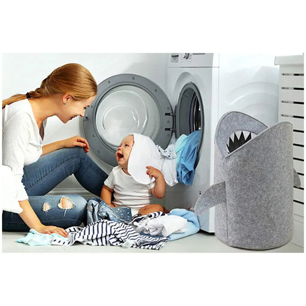 Kids Shark Laundry Dirty Clothes Basket Toys Storage Organizer Bin Hamper Tote Box Felt Cloth Eco-Friendly Collapsible Foldable Multi-Functional (Light)