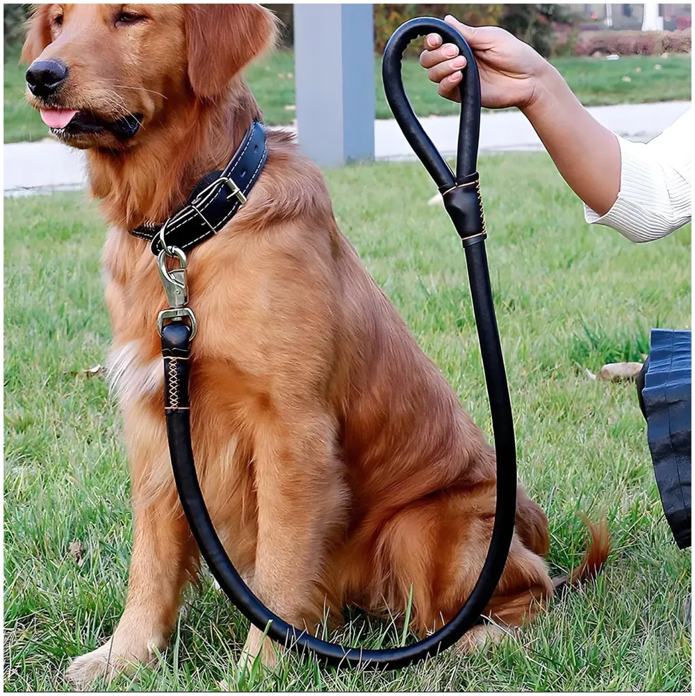 Black Dog Collar and Leash Combo Adjustable Dog Belt for Labradors, Golden Retriever, German Shepherd, Soft Handle Faux Leather, Black 48-58cm Collar / 140cm Leash