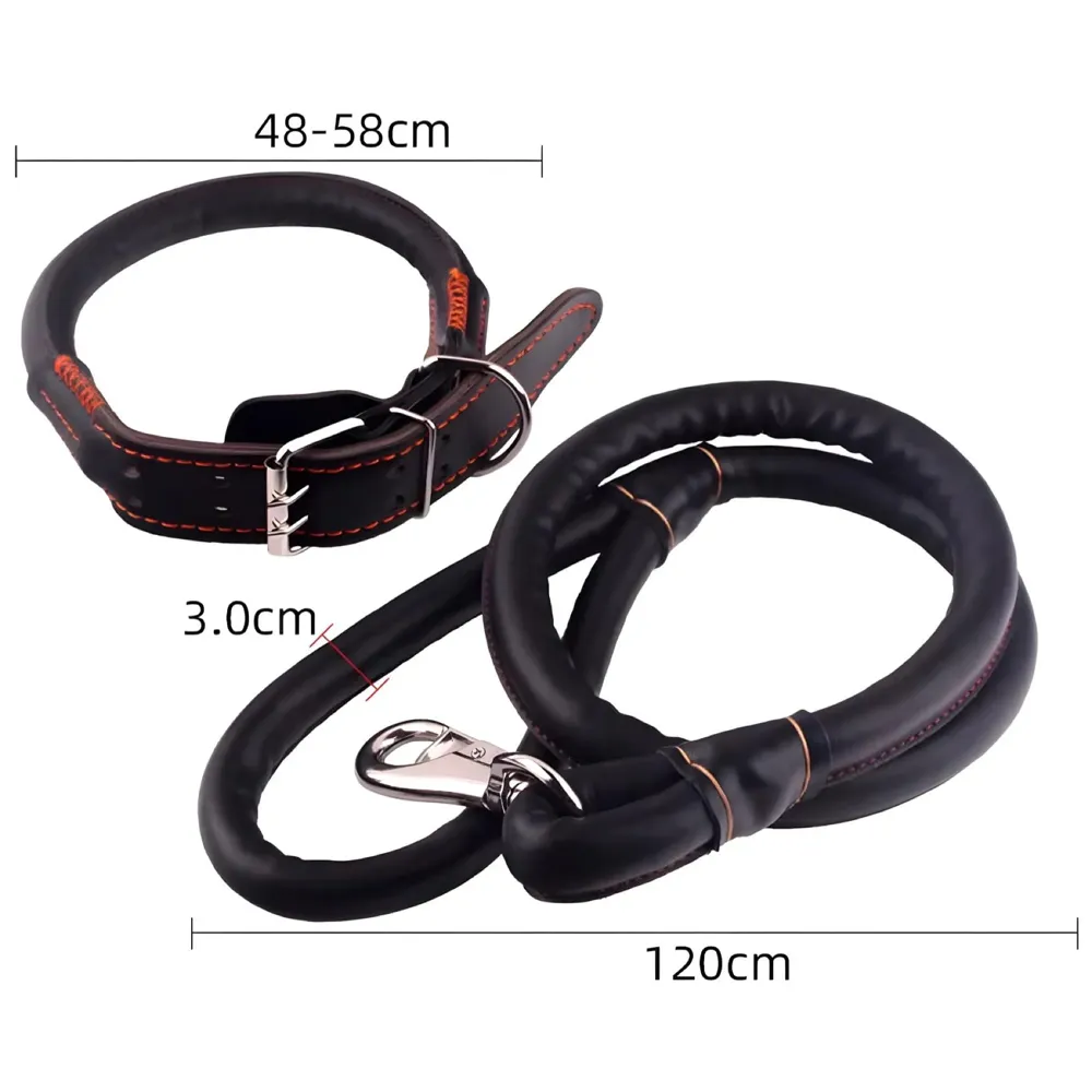 Black Dog Collar and Leash Combo Adjustable Dog Belt for Labradors, Golden Retriever, German Shepherd, Soft Handle Faux Leather, Black 48-58cm Collar / 140cm Leash