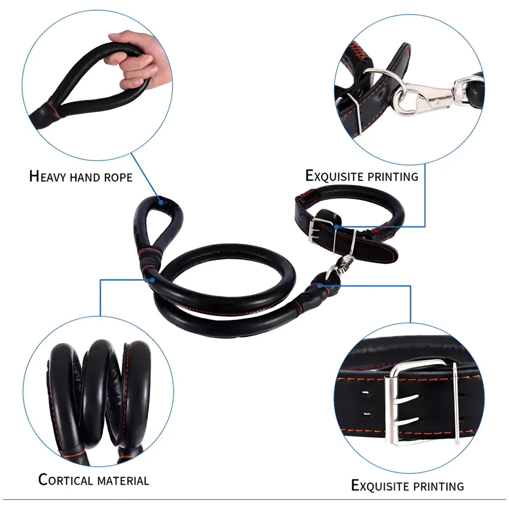 Black Dog Collar and Leash Combo Adjustable Dog Belt for Labradors, Golden Retriever, German Shepherd, Soft Handle Faux Leather, Black 48-58cm Collar / 140cm Leash