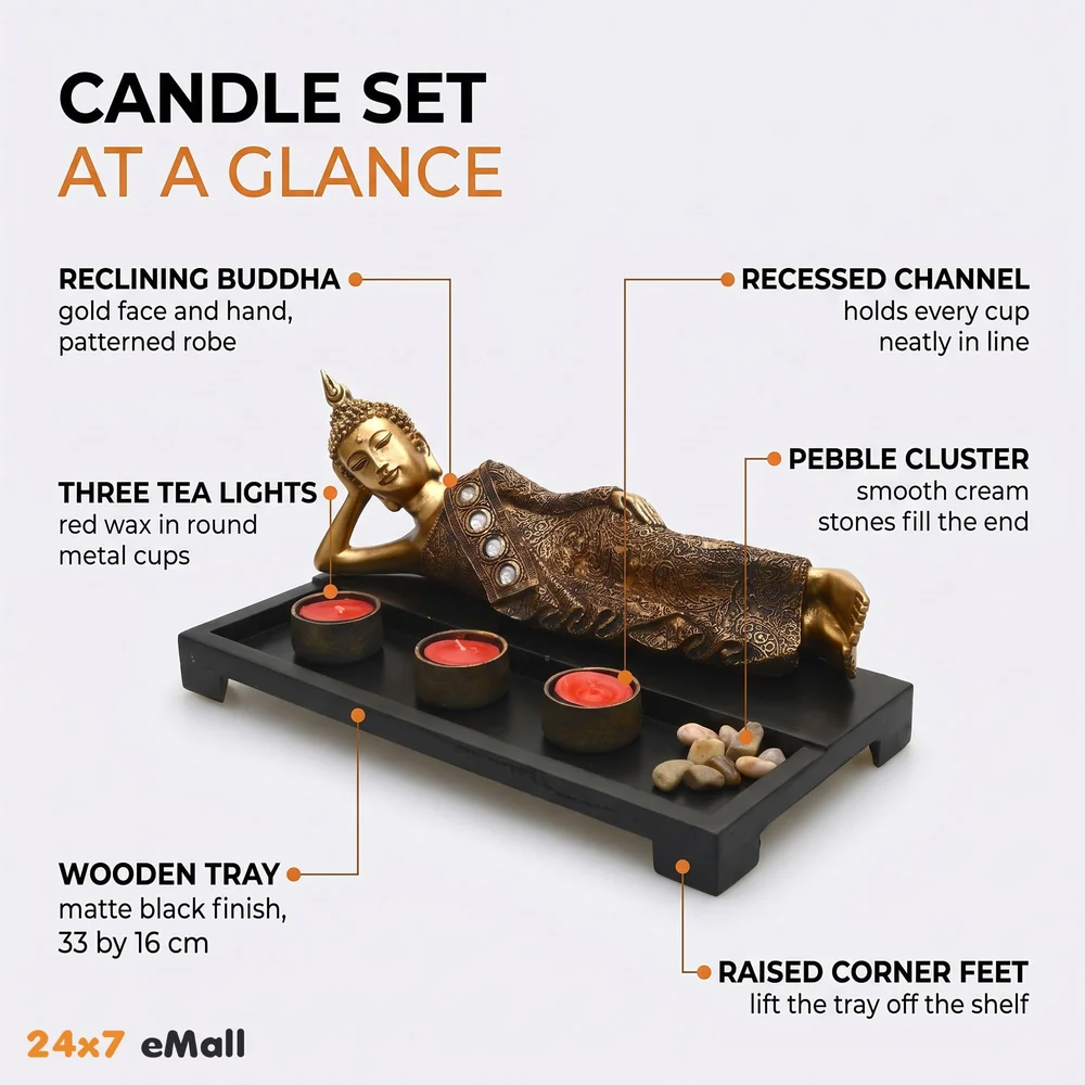 Wooden Tea Light Candle Holders with Decorative Stones, 1 Reclining Buddha and 3 Real Wax Candles Gift Home Decor