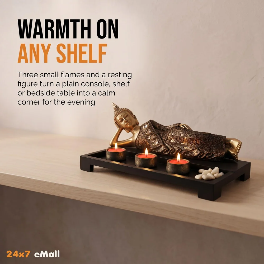 Wooden Tea Light Candle Holders with Decorative Stones, 1 Reclining Buddha and 3 Real Wax Candles Gift Home Decor
