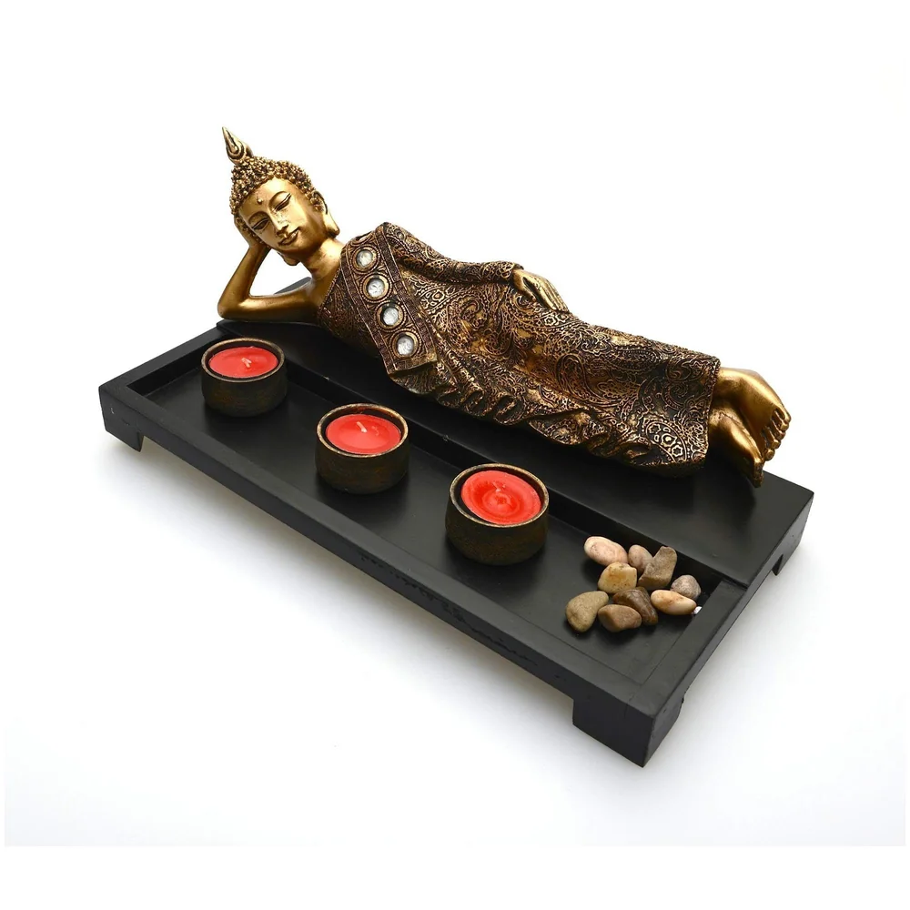 Wooden Tea Light Candle Holders with Decorative Stones, 1 Reclining Buddha and 3 Real Wax Candles Gift Home Decor