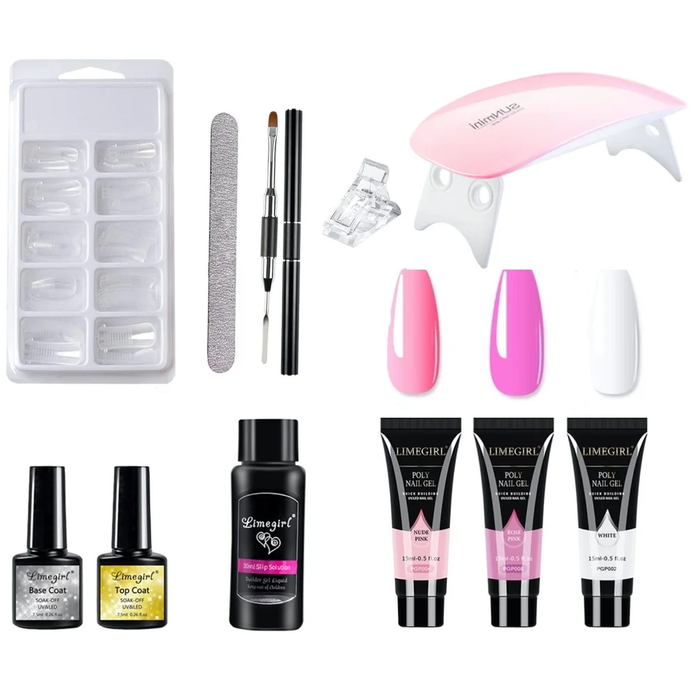Acrylic Gel Poly Nail Extension Kit with UV Lamp, 3 Colors Rose Pink White, Nail Art Tools Set