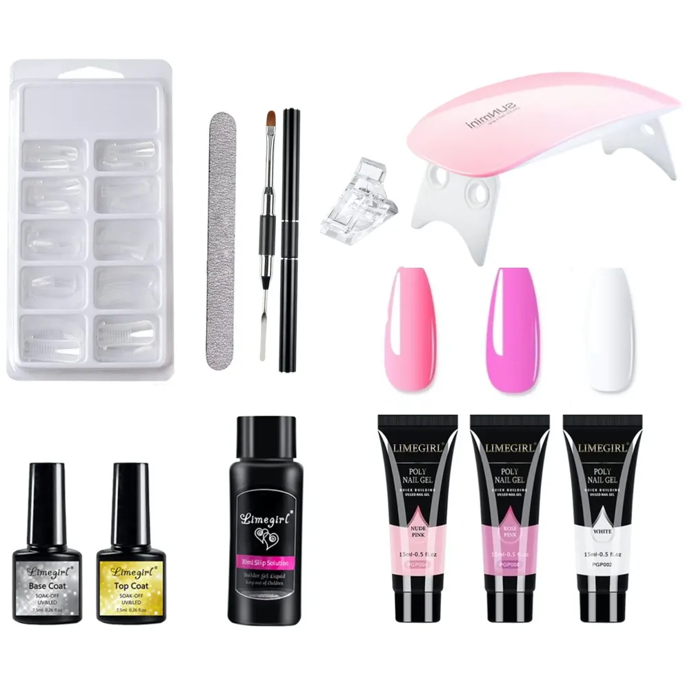 Acrylic Gel Poly Nail Extension Kit with UV Lamp, 3 Colors Rose Pink White, Nail Art Tools Set