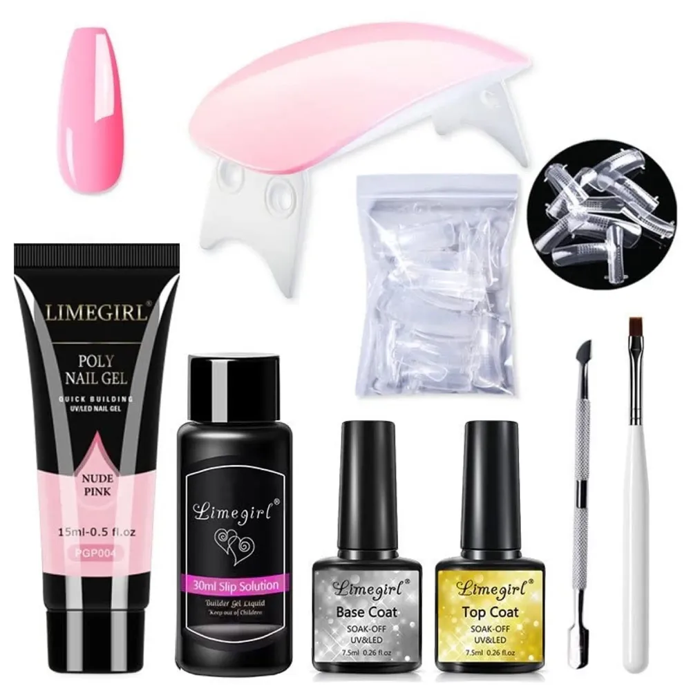 Pink Acrylic Gel Nail Extension Set with Nail Lamp
