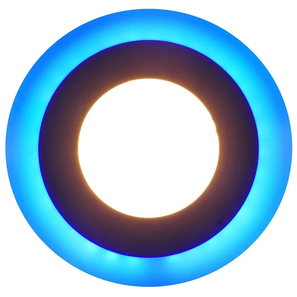 Premium 6 Watts Round LED Panel Light ~ 4 Inches Diameter (105 mm) ~ Ceiling Downlight 3 In 1 Colour :[ Blue Ring, Warm White and Blue+Warm White = Cool White ] ~ 3 Modes Which Can Be Cycled By On-Off Switch ~ 6 Watts (Blue=3 Watts + Warm White =3 Watts) ~ operates at 90-265 Volts ~ ceiling cut out 75mm ~ 30 mm thickness with Bracket (8mm Exposed + 22mm Concealed)
