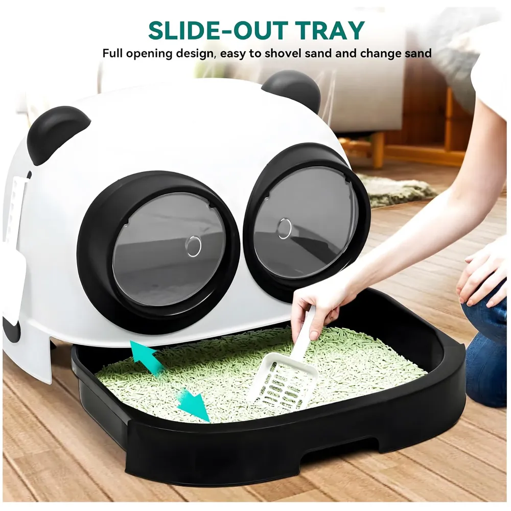 Oversized Cat Litter Box, Litter Box with Lid Large Dual Front Entry, Sliding Litter Drawer with Litter Scoop, Cat Toilet Easy Cleaning - 54 x 43.7 x 38.9 Cm Cute Panda Design Black And White