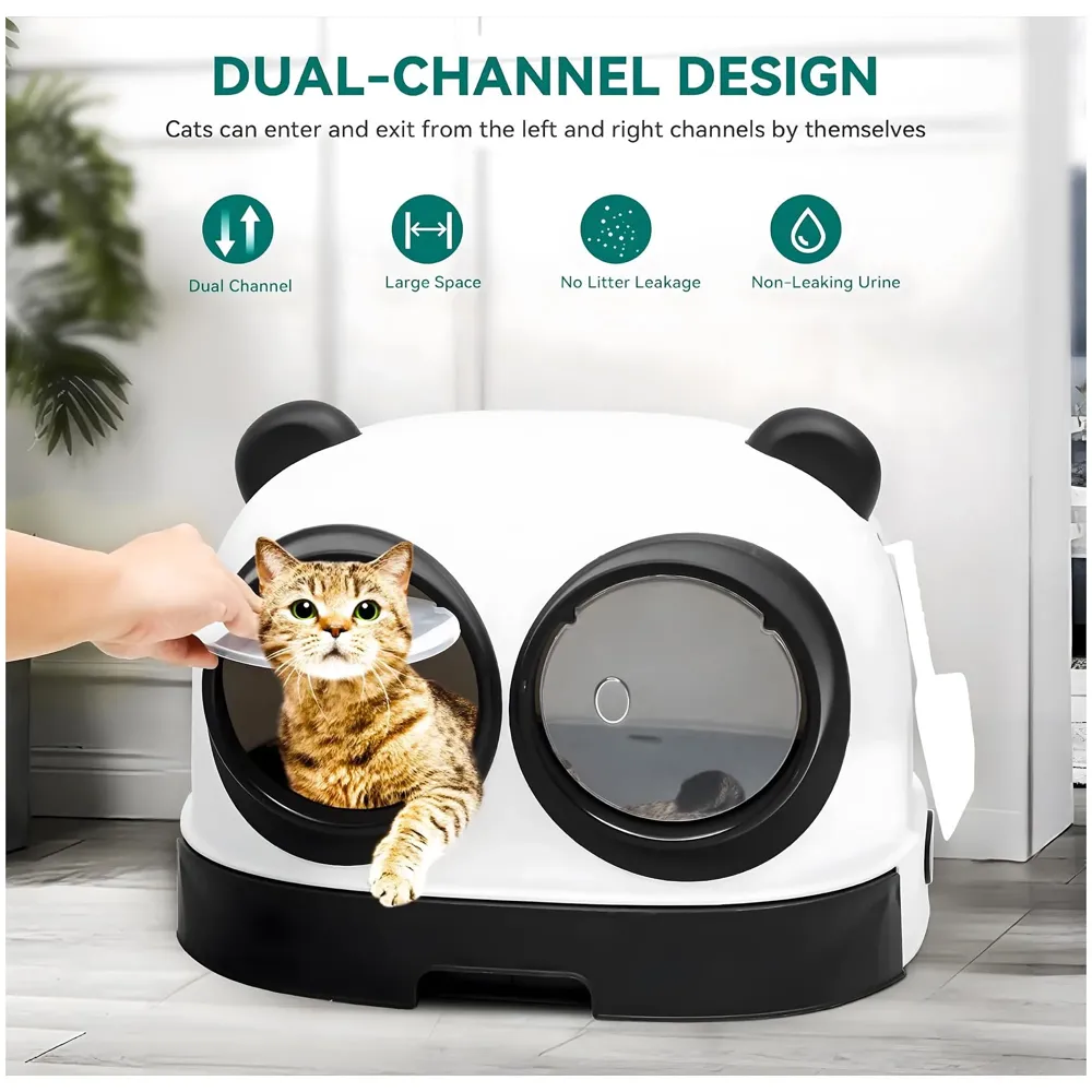 Oversized Cat Litter Box, Litter Box with Lid Large Dual Front Entry, Sliding Litter Drawer with Litter Scoop, Cat Toilet Easy Cleaning - 54 x 43.7 x 38.9 Cm Cute Panda Design Black And White