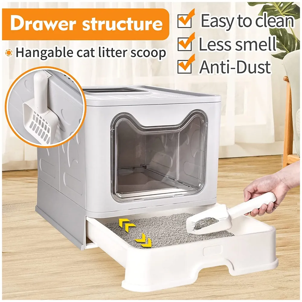 Oversized Foldable Cat Litter Box, Litter Box with Lid Extra Large Front Entry Top Exit, Drawer Type Enclosed with Litter Scoop, Cat Toilet Easy Cleaning - 51x41x38 Cm