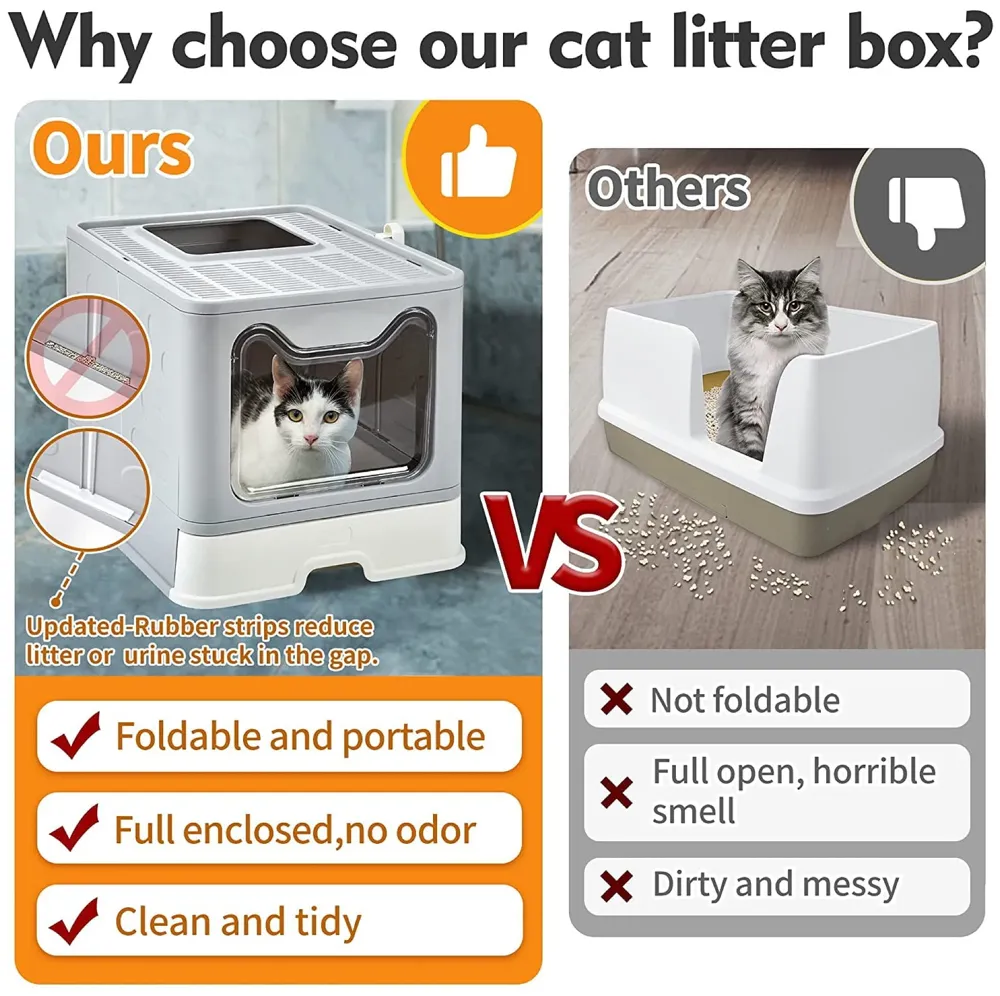 Oversized Foldable Cat Litter Box, Litter Box with Lid Extra Large Front Entry Top Exit, Drawer Type Enclosed with Litter Scoop, Cat Toilet Easy Cleaning - 51x41x38 Cm