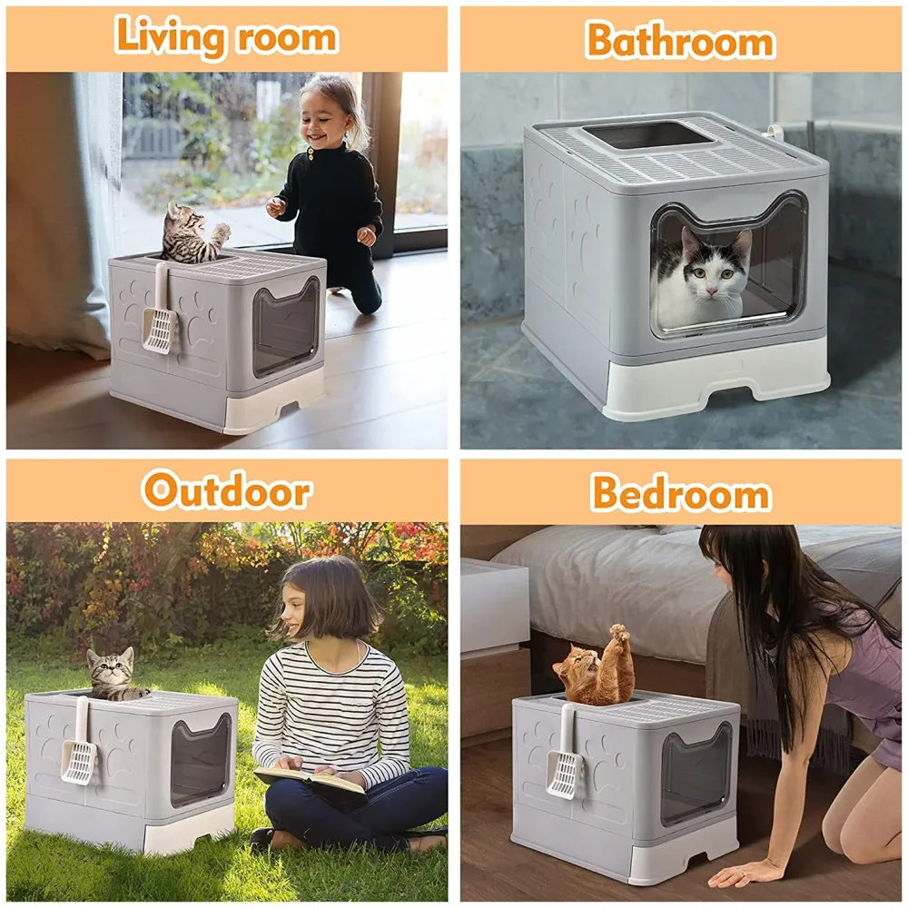 Oversized Foldable Cat Litter Box, Litter Box with Lid Extra Large Front Entry Top Exit, Drawer Type Enclosed with Litter Scoop, Cat Toilet Easy Cleaning - 51x41x38 Cm