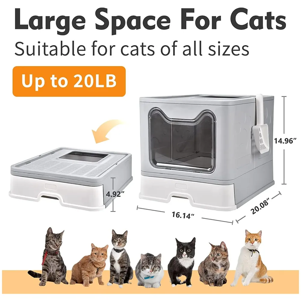Oversized Foldable Cat Litter Box, Litter Box with Lid Extra Large Front Entry Top Exit, Drawer Type Enclosed with Litter Scoop, Cat Toilet Easy Cleaning - 51x41x38 Cm