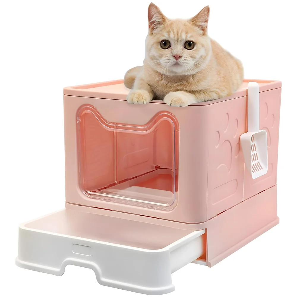 XL Foldable Cat Litter Box Lid Front Entry Top Exit Drawer Pink