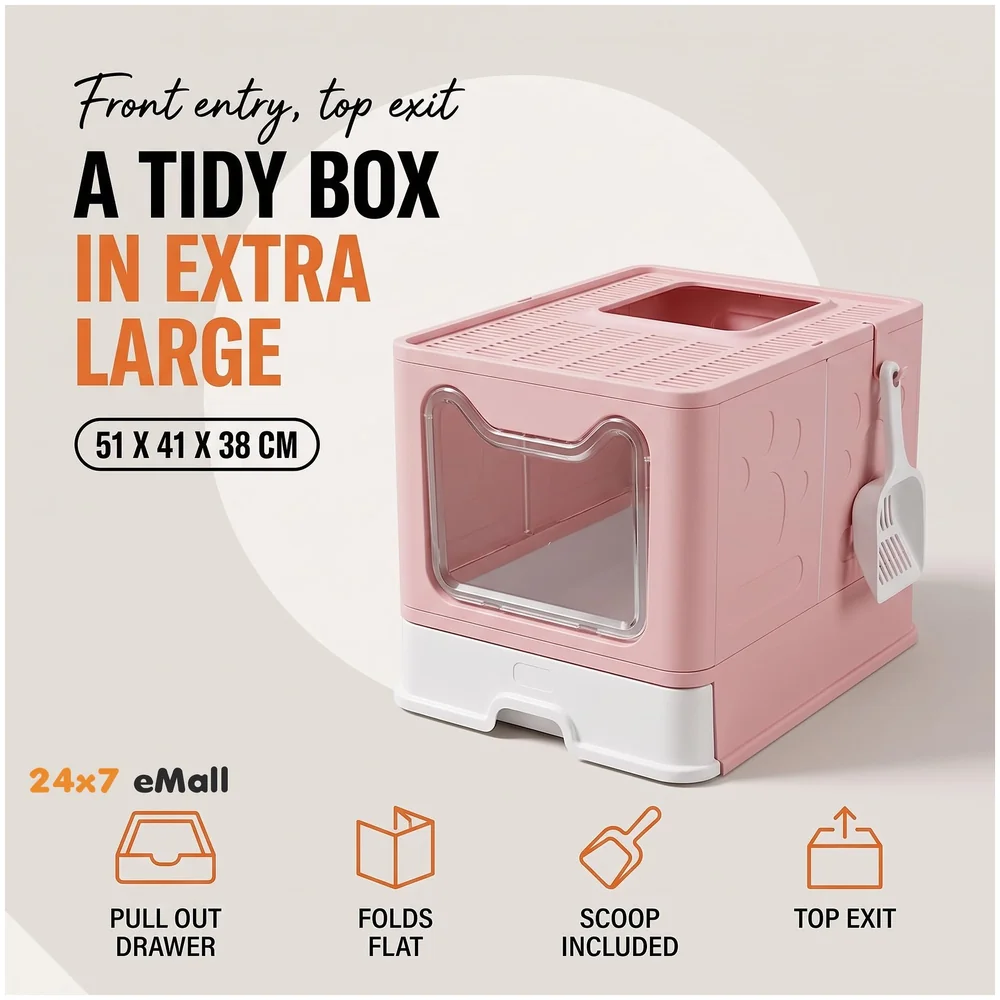 XL Foldable Cat Litter Box Lid Front Entry Top Exit Drawer Pink