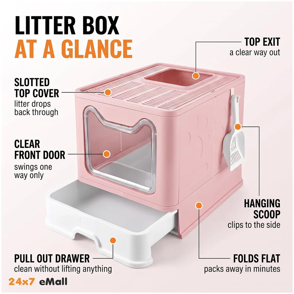 XL Foldable Cat Litter Box Lid Front Entry Top Exit Drawer Pink