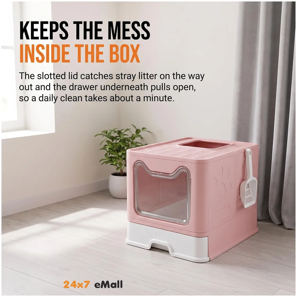 XL Foldable Cat Litter Box Lid Front Entry Top Exit Drawer Pink
