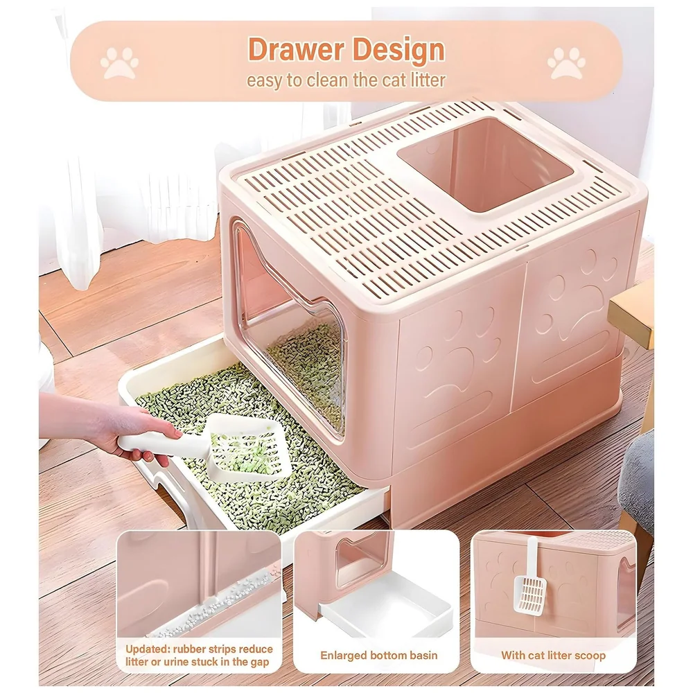 XL Foldable Cat Litter Box Lid Front Entry Top Exit Drawer Pink