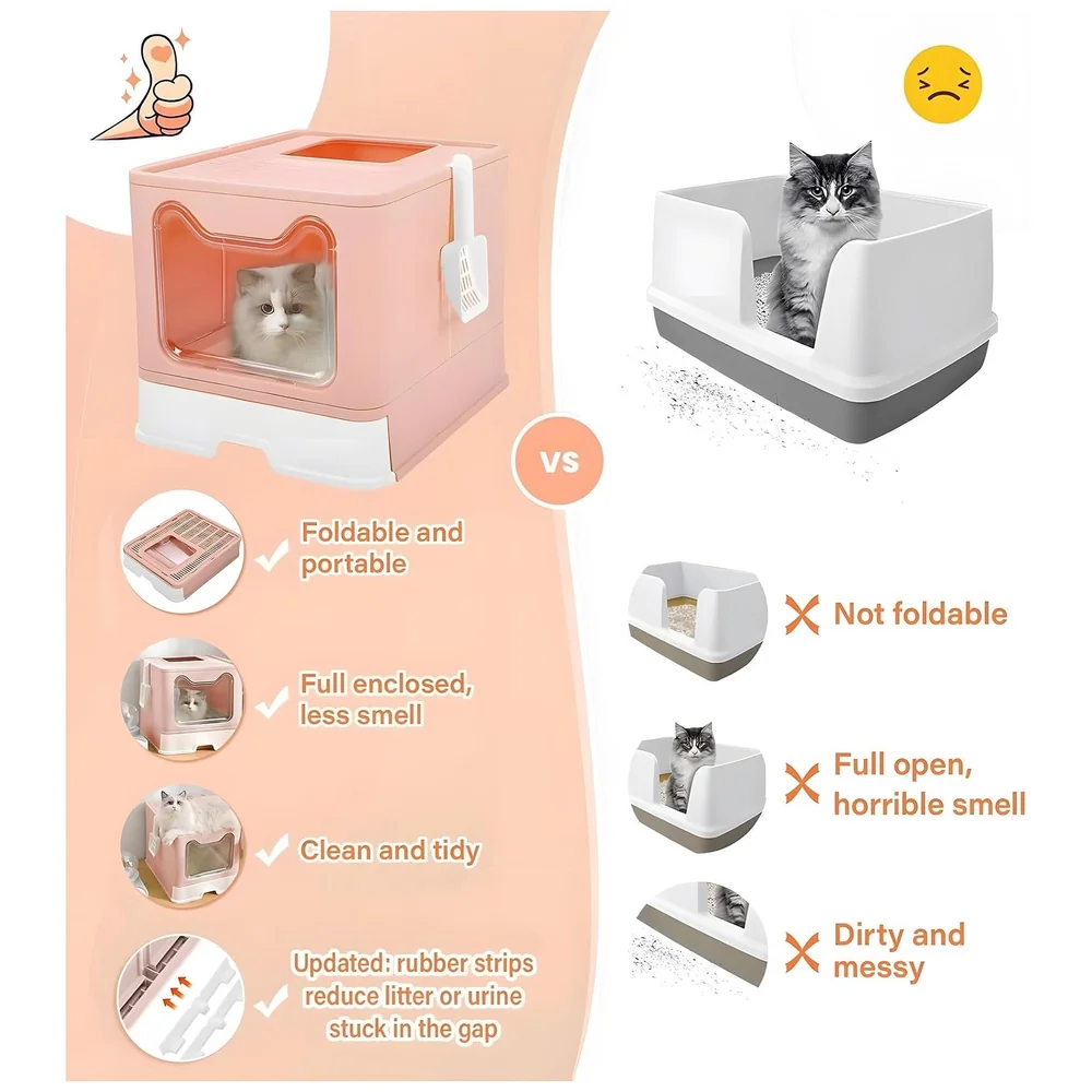 XL Foldable Cat Litter Box Lid Front Entry Top Exit Drawer Pink