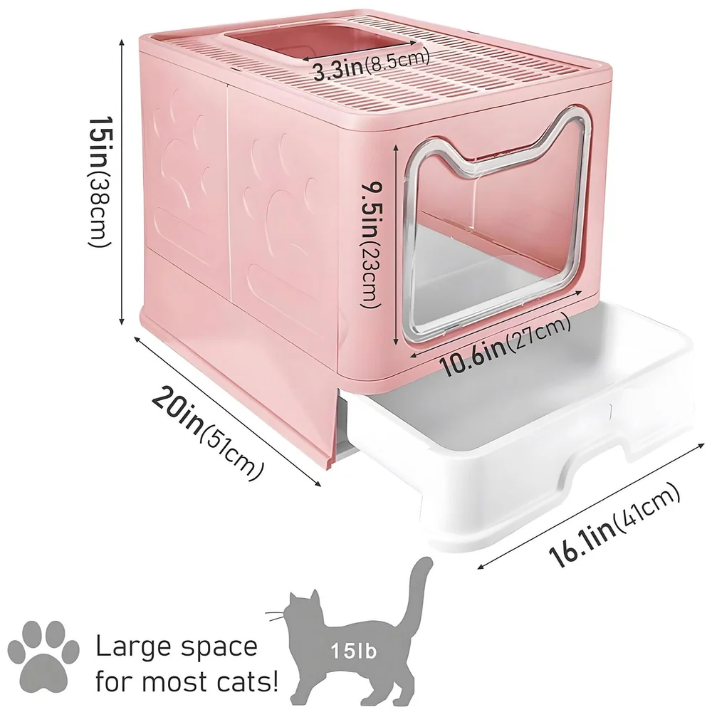 XL Foldable Cat Litter Box Lid Front Entry Top Exit Drawer Pink