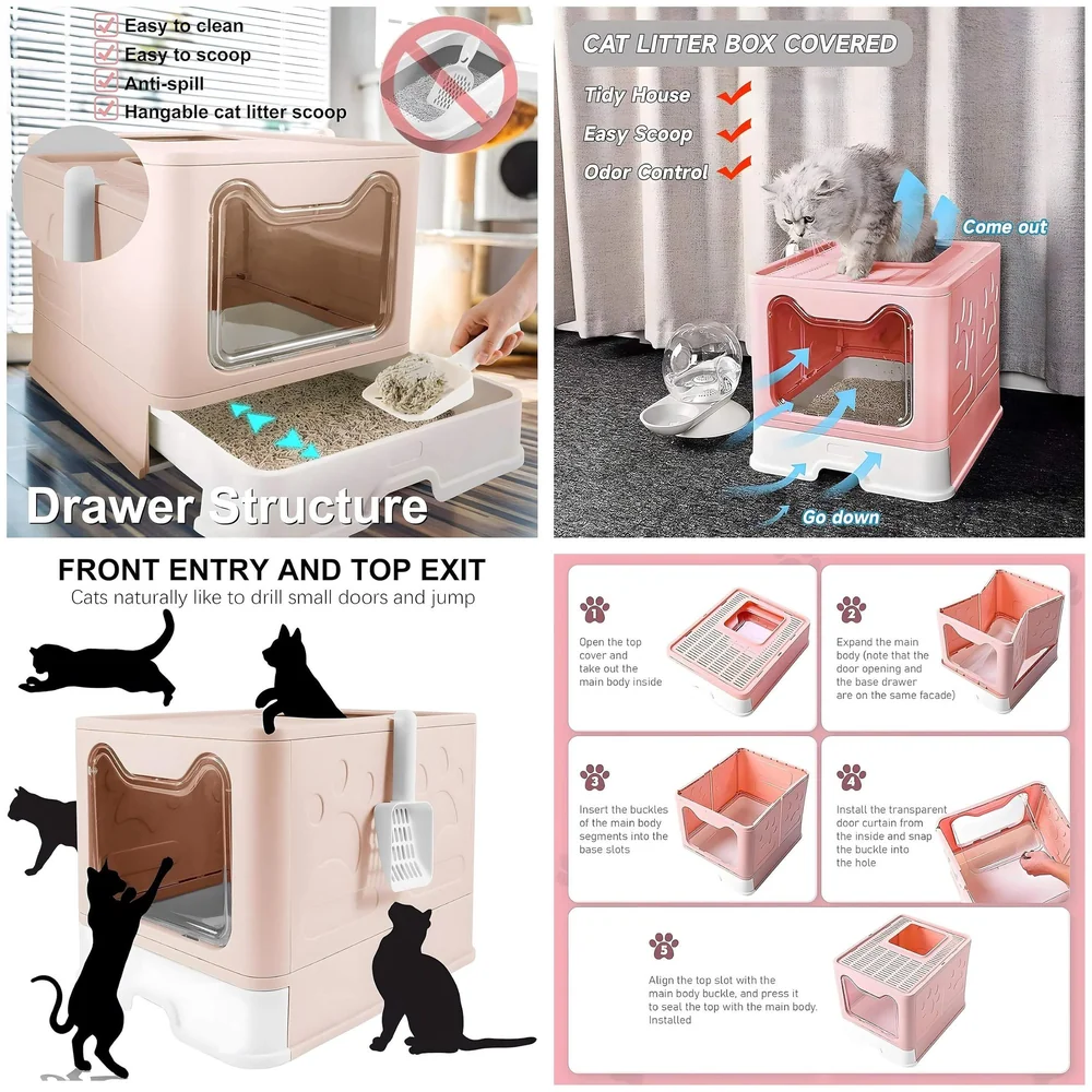 XL Foldable Cat Litter Box Lid Front Entry Top Exit Drawer Pink