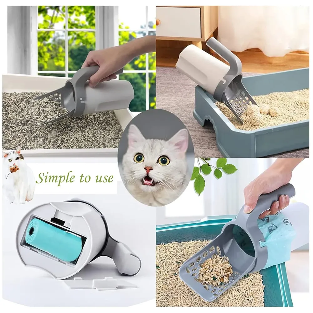 Cat Litter Scooper with Holder: 2 in 1 Portable Kitty Integrated Detachable Deep Cat Litter Shovel with Waste Container with Poop Sifting Cat Litter Grey 11.8in x 3.5inch