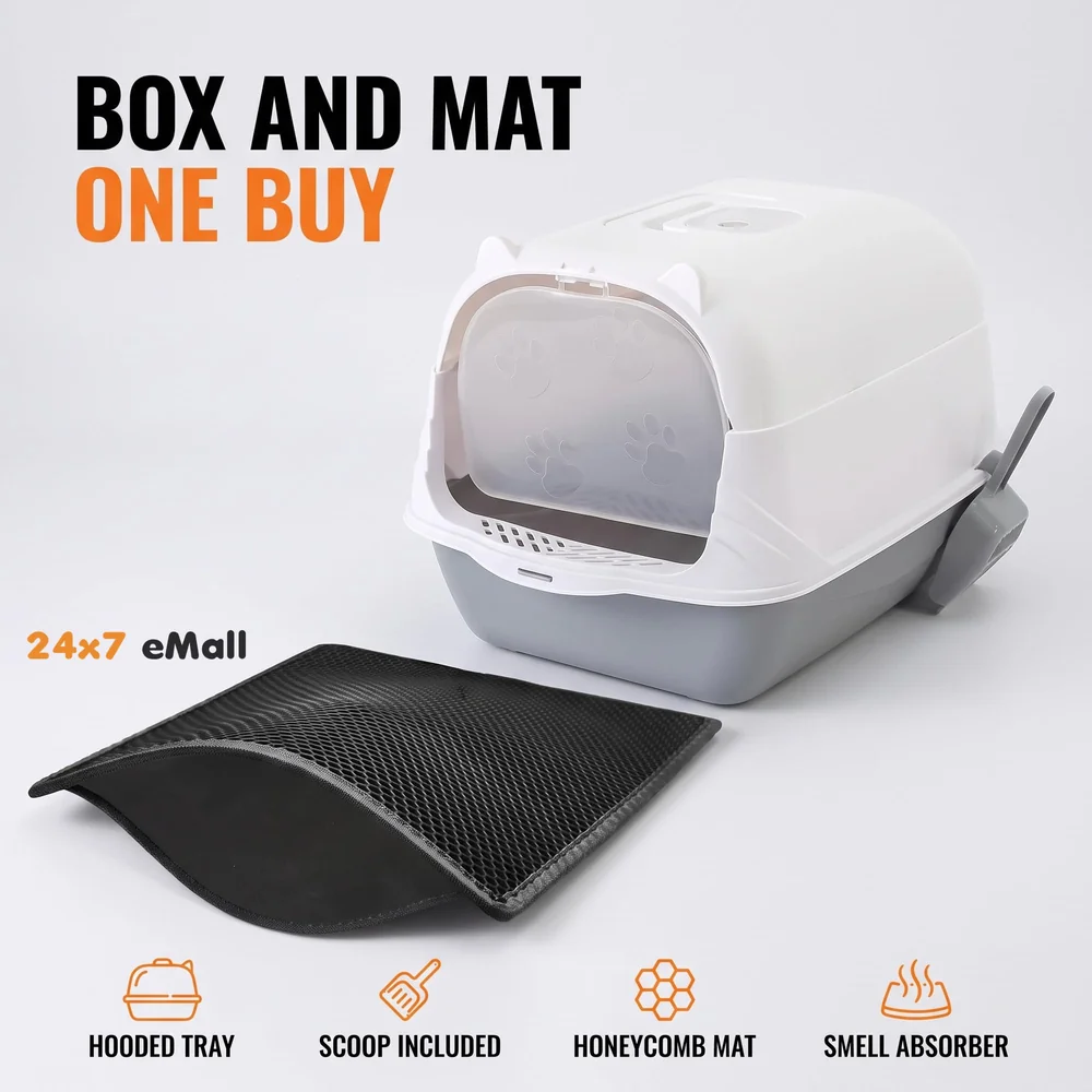 Combo Cat Litter Box and Cat Litter Mat Combo Tray with Dome and Scoop with Foul Smell Absorber