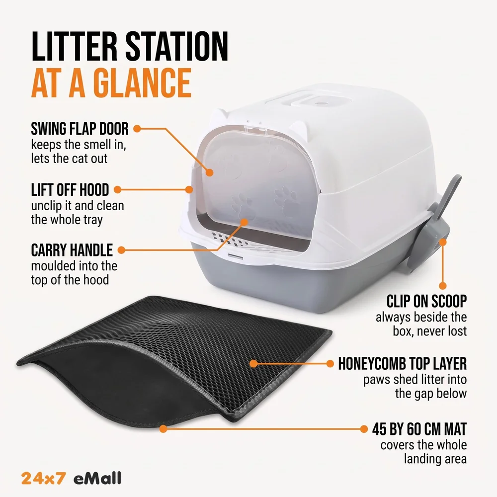 Combo Cat Litter Box and Cat Litter Mat Combo Tray with Dome and Scoop with Foul Smell Absorber
