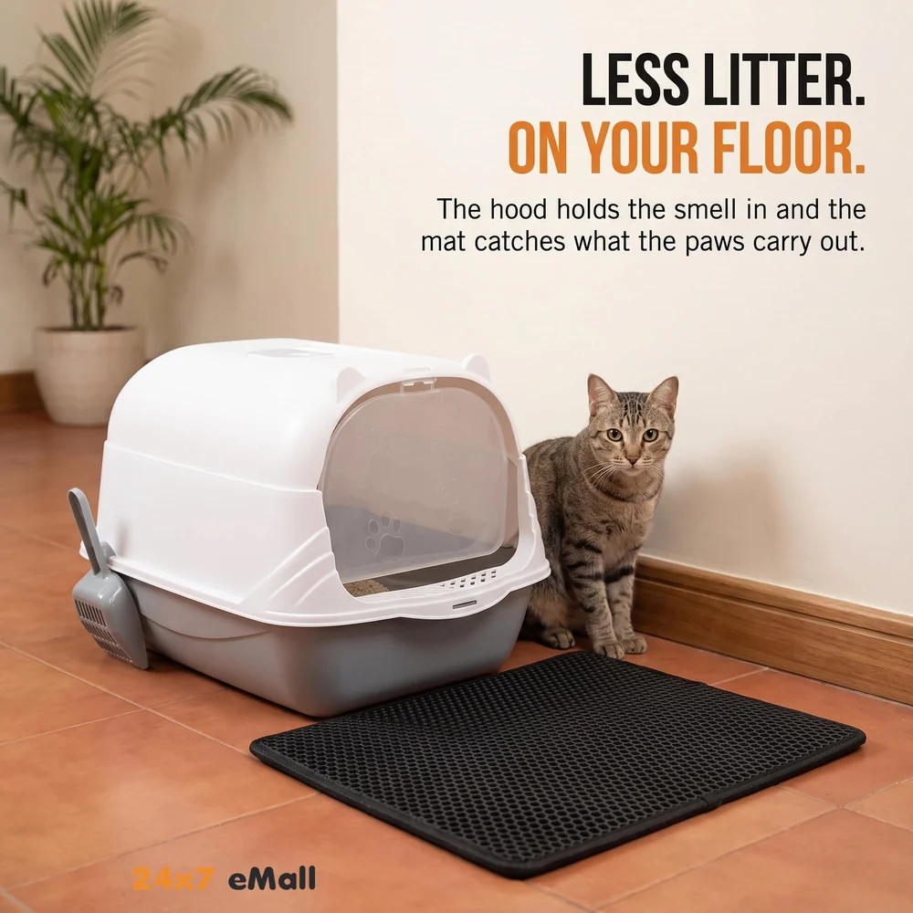 Combo Cat Litter Box and Cat Litter Mat Combo Tray with Dome and Scoop with Foul Smell Absorber