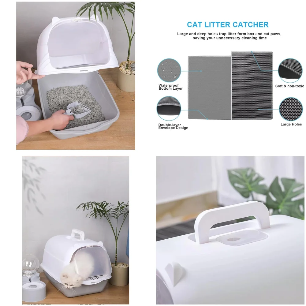 Combo Cat Litter Box and Cat Litter Mat Combo Tray with Dome and Scoop with Foul Smell Absorber