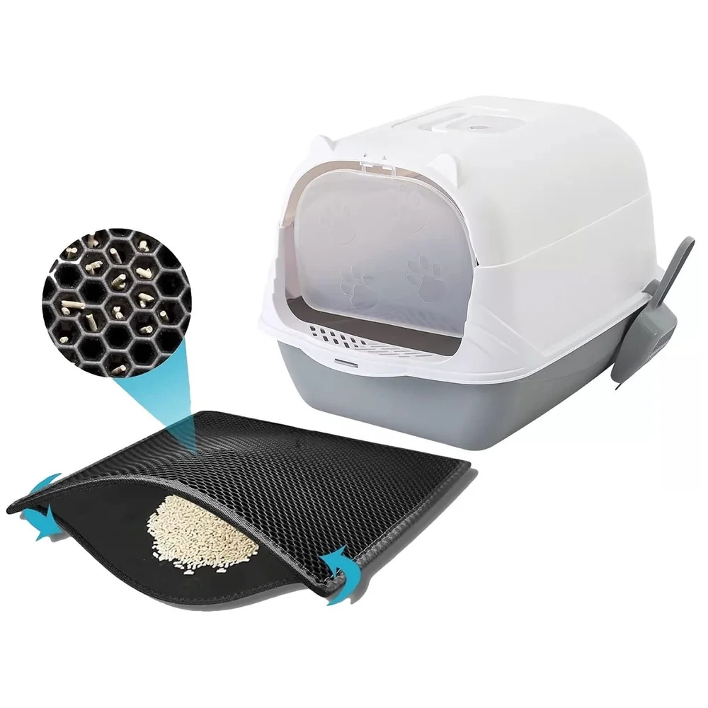 Combo Cat Litter Box with Dome and Scoop plus Cat Litter Mat Set