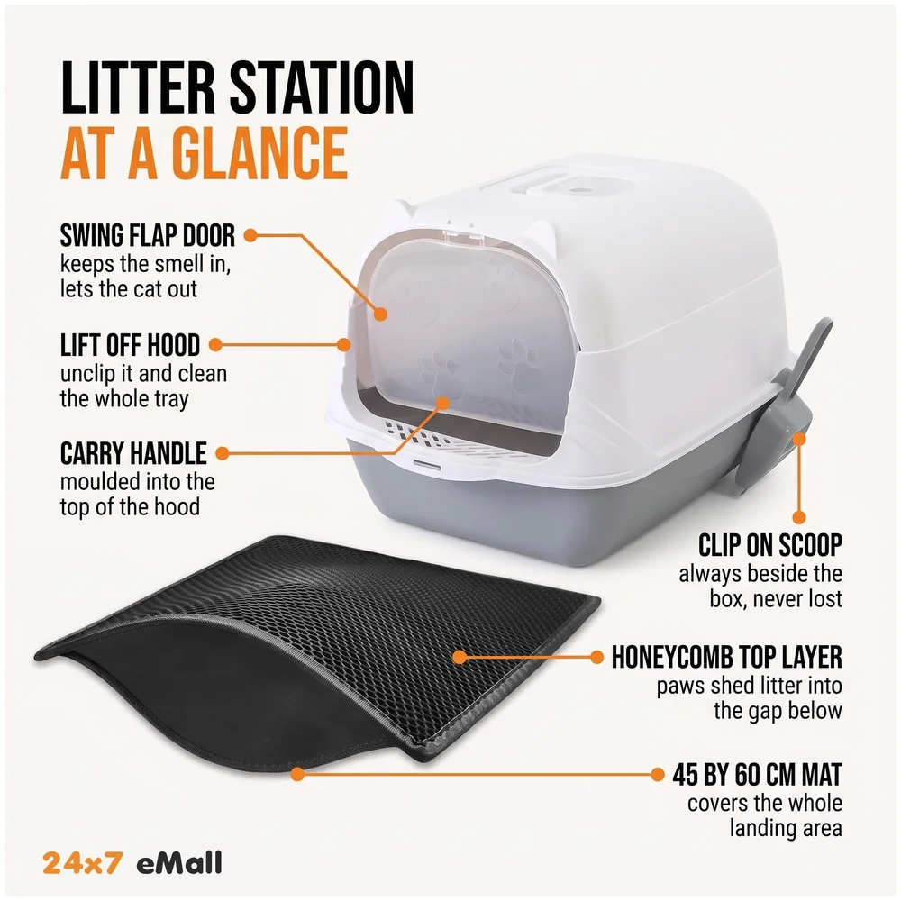 Combo Cat Litter Box with Dome and Scoop plus Cat Litter Mat Set