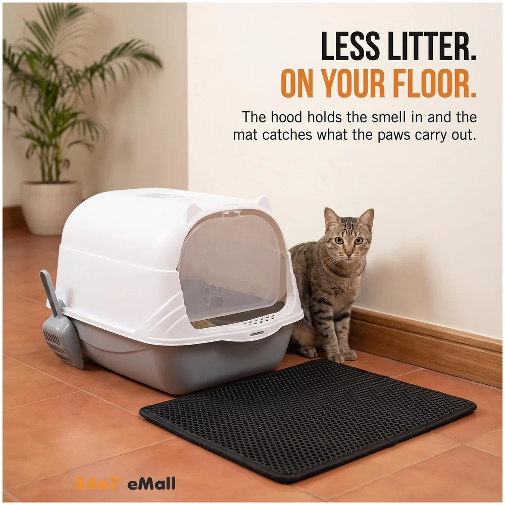 Combo Cat Litter Box with Dome and Scoop plus Cat Litter Mat Set