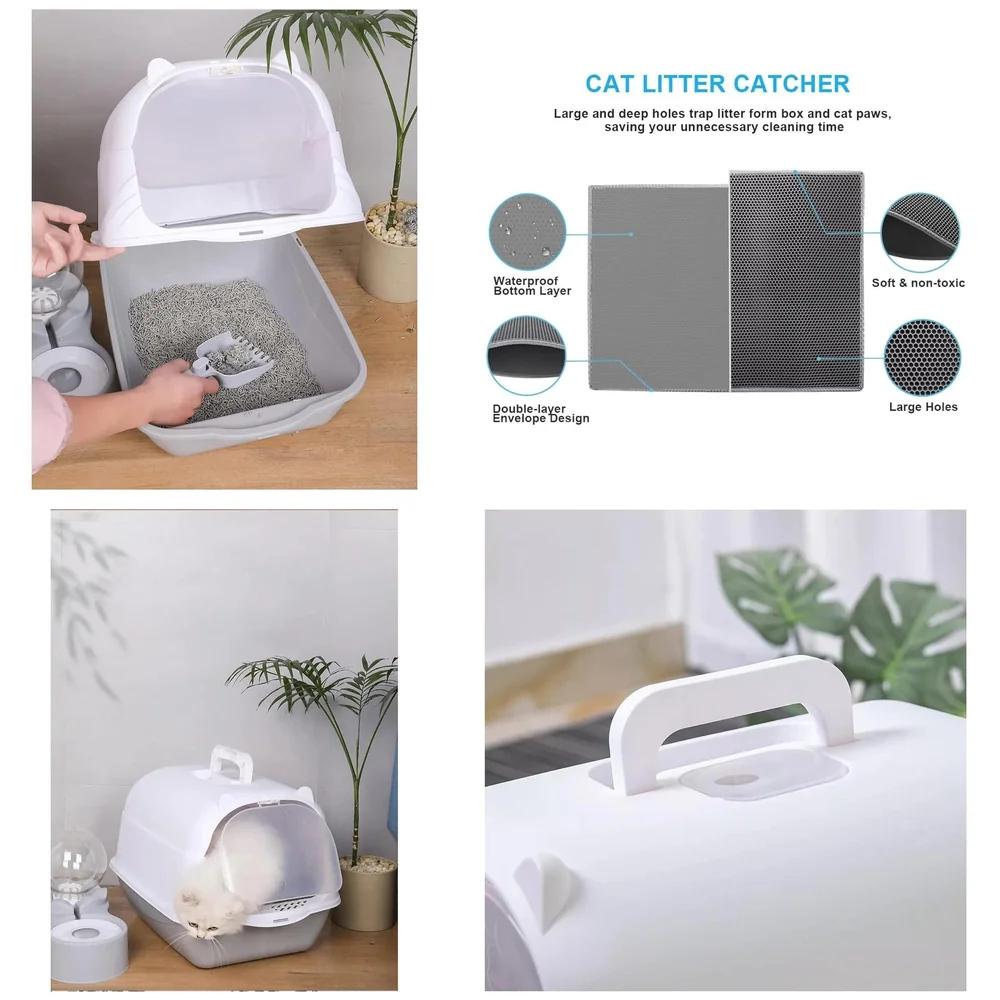 Combo Cat Litter Box with Dome and Scoop plus Cat Litter Mat Set