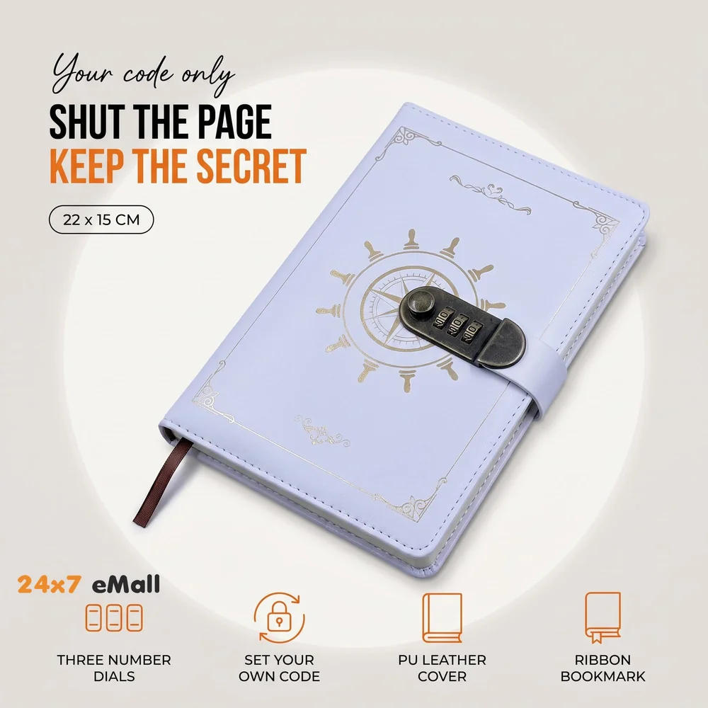 Lock Diary Notebook with Number Combination Lock & PU Leather Cover Secret Lock Diary 22x15 cm, 230 Pages