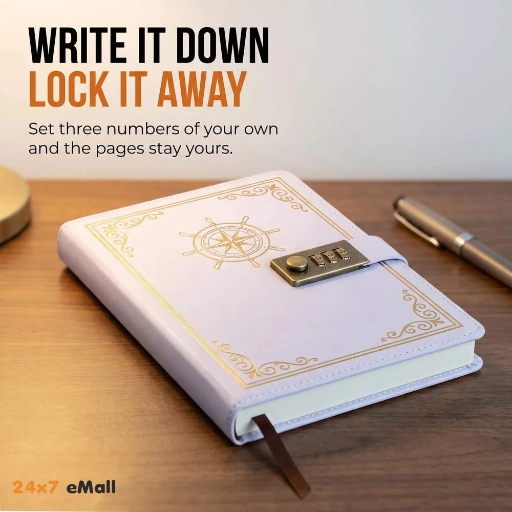 Lock Diary Notebook with Number Combination Lock & PU Leather Cover Secret Lock Diary 22x15 cm, 230 Pages