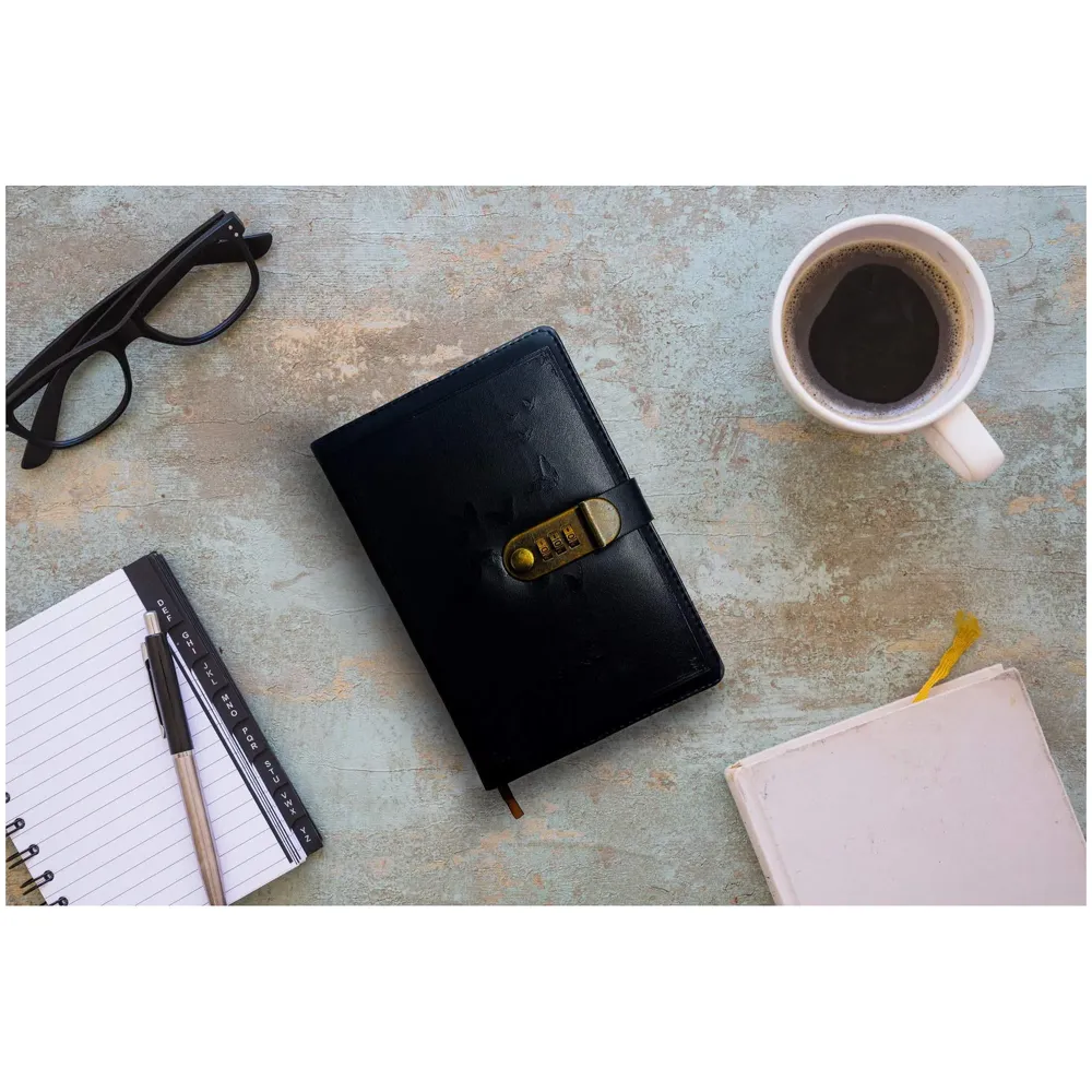 Novelty Diary Notebook with Number Combination Lock & PU Leather Cover (22x15 cm, 230 Pages) (Black)