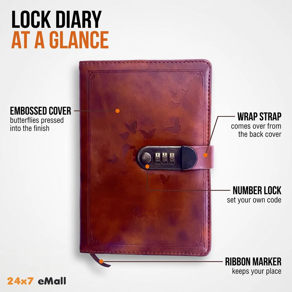 Lock Diary Notebook with Number Lock Combination PU Leather Cover (22x15 cm, 230 Pages) (Brown)