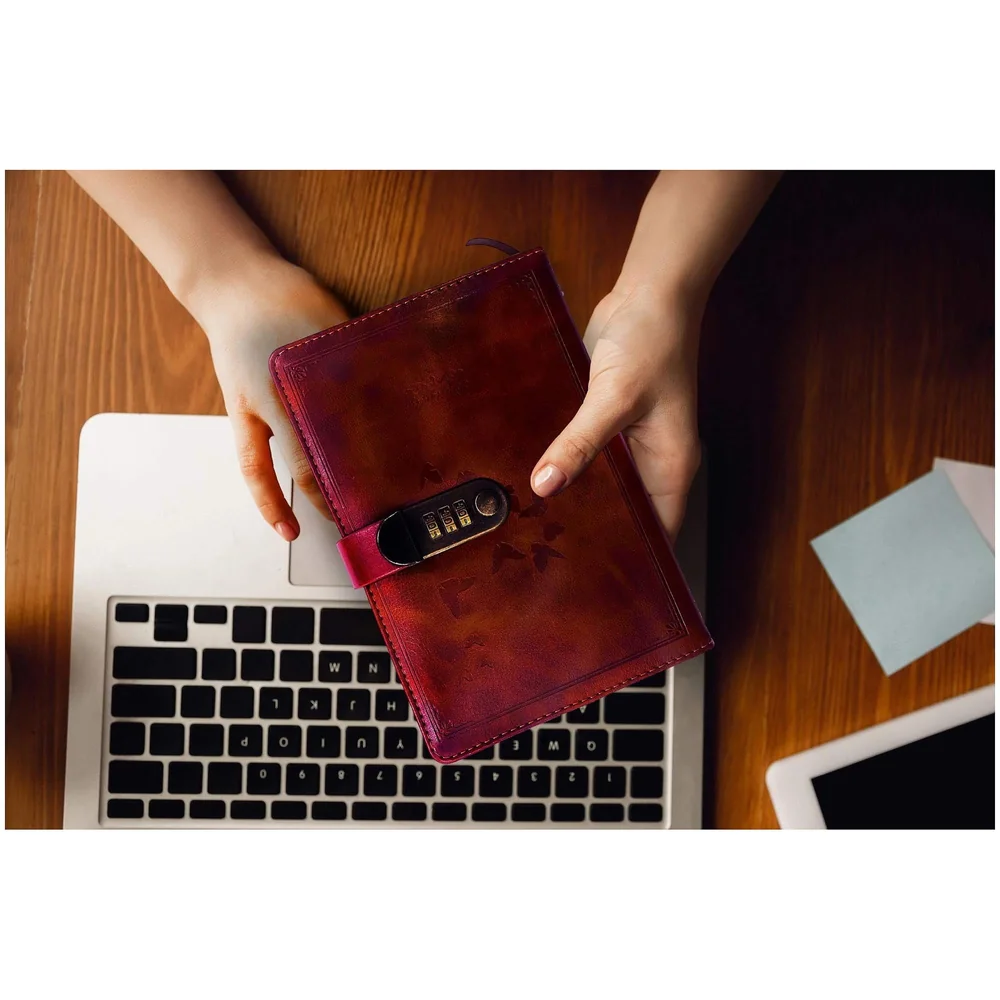 Lock Diary Notebook with Number Lock Combination PU Leather Cover (22x15 cm, 230 Pages) (Brown)