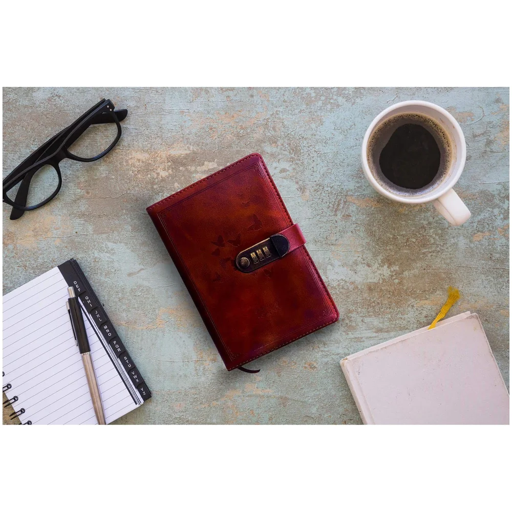Lock Diary Notebook with Number Lock Combination PU Leather Cover (22x15 cm, 230 Pages) (Brown)