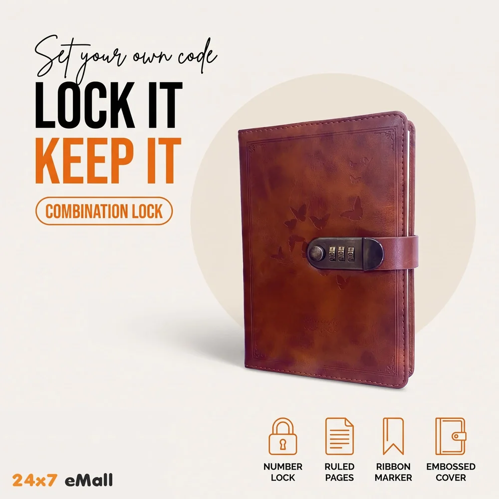 Lock Diary Notebook with Number Lock Combination PU Leather Cover (22x15 cm, 230 Pages) (Brown)