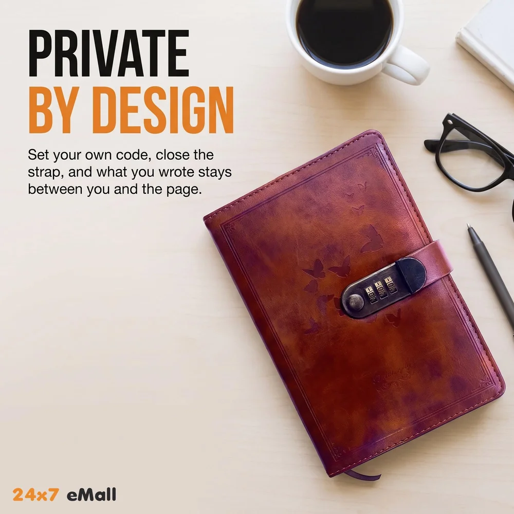 Lock Diary Notebook with Number Lock Combination PU Leather Cover (22x15 cm, 230 Pages) (Brown)