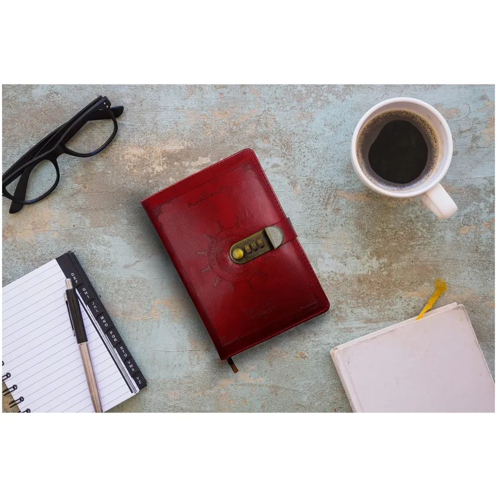 Novelty Diary Notebook with Number Combination Lock & PU Leather Cover Secret Lock Diary (22x15 cm, 230 Pages) (Red)