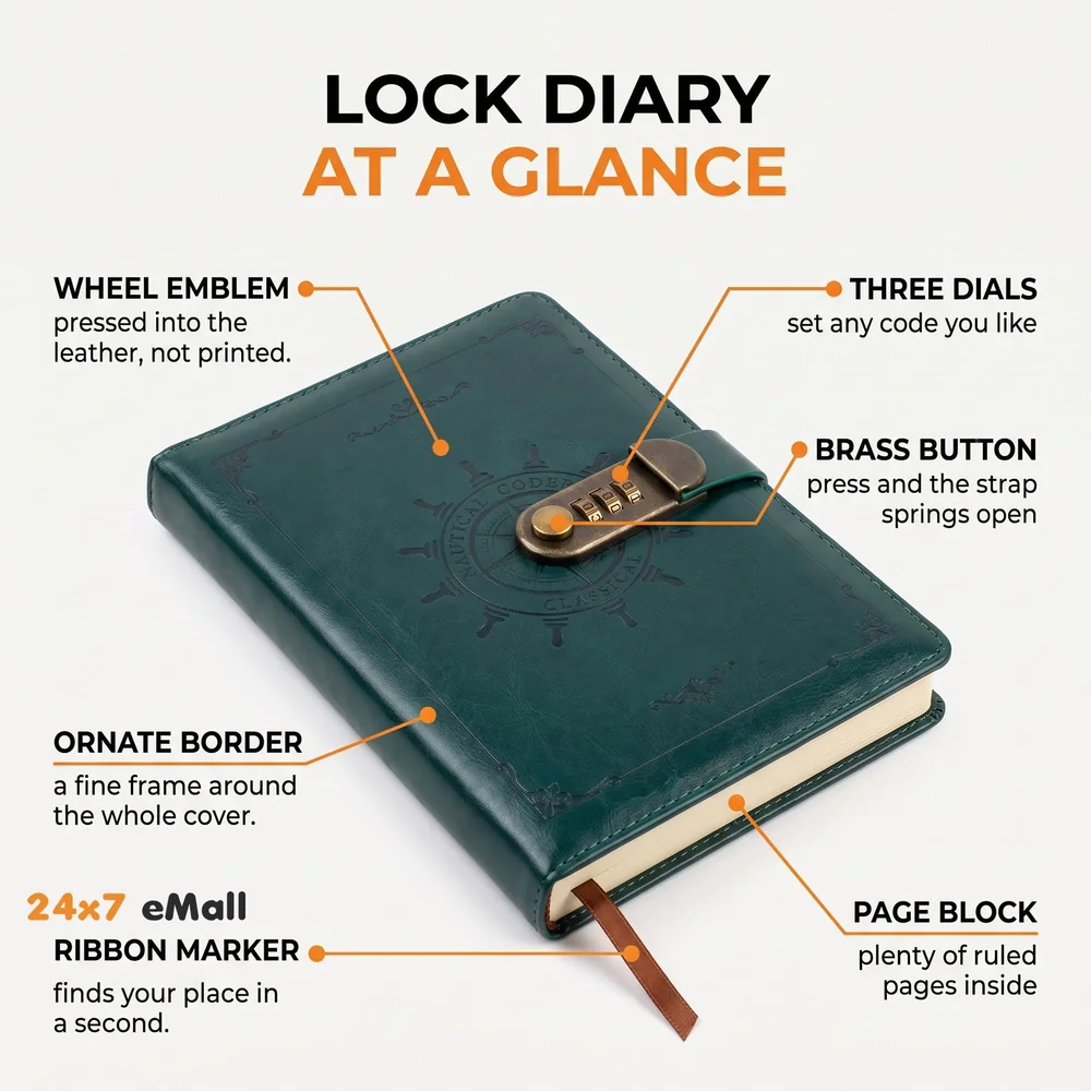 Novelty Diary Notebook with Number Combination Lock & PU Leather Cover Secret Lock Diary (22x15 cm, 230 Pages) (Green)