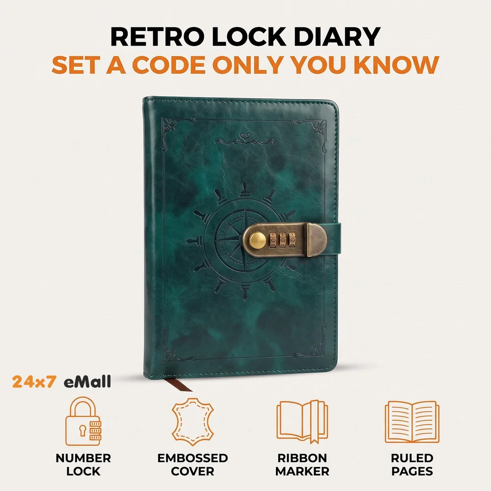 Novelty Diary Notebook with Number Combination Lock & PU Leather Cover Secret Lock Diary (22x15 cm, 230 Pages) (Green)