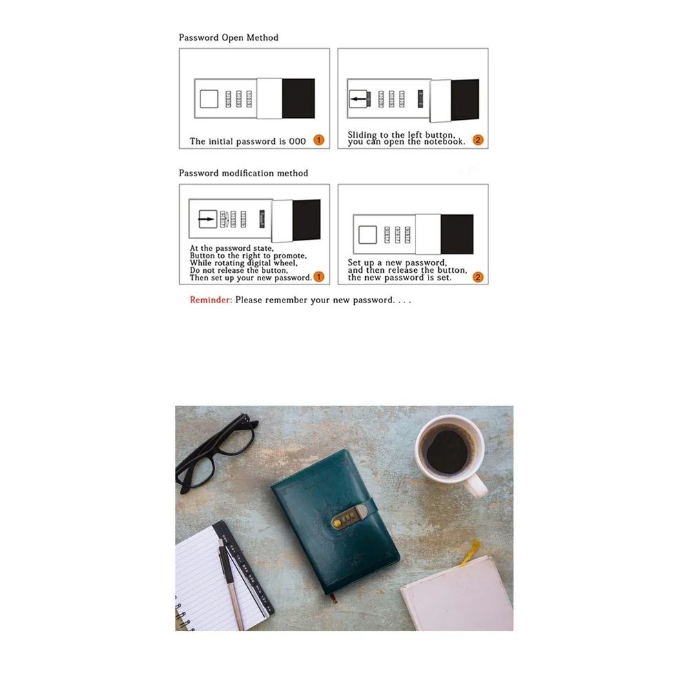 Novelty Diary Notebook with Number Combination Lock & PU Leather Cover Secret Lock Diary (22x15 cm, 230 Pages) (Green)